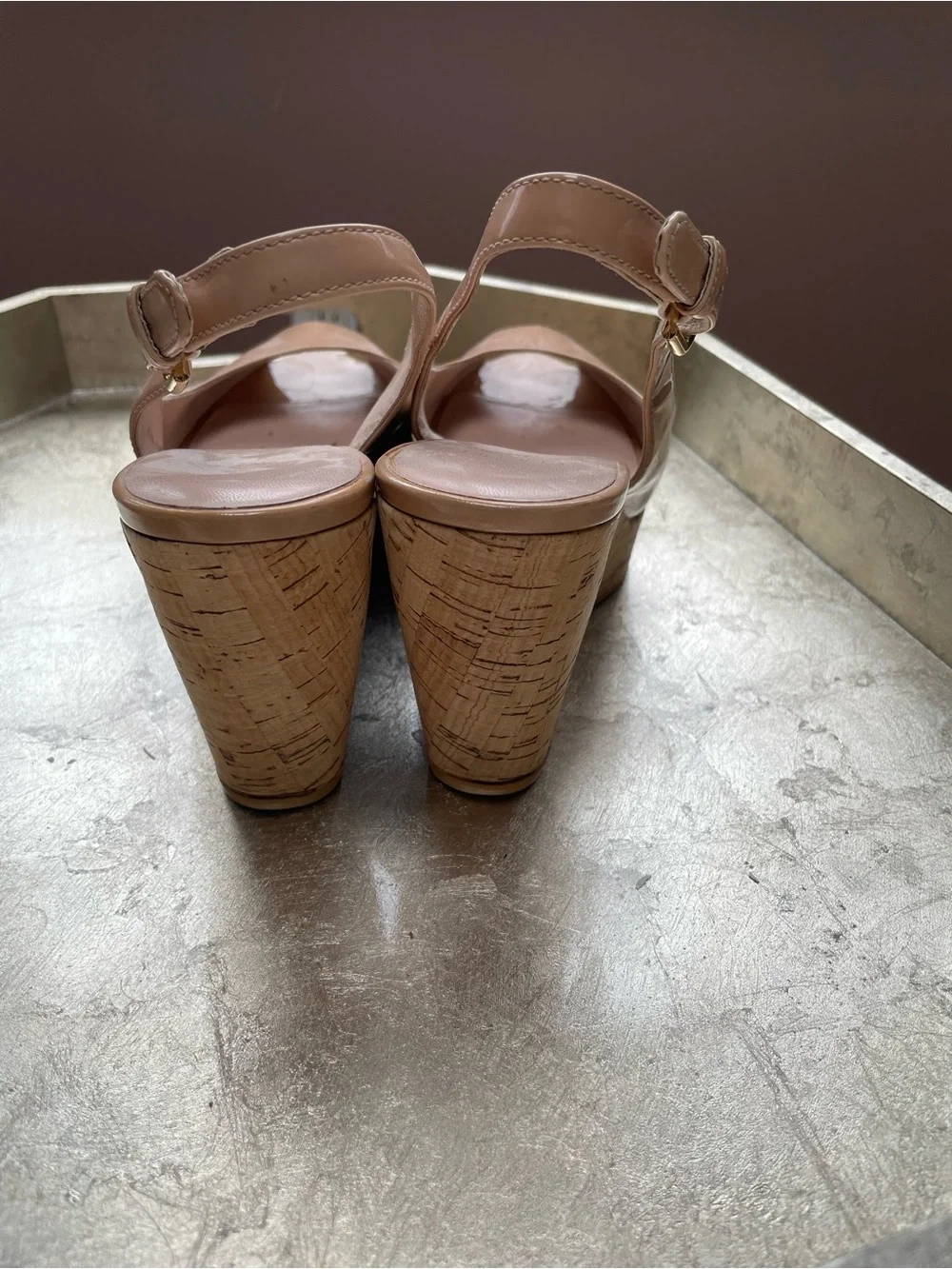 Stuart Weitzman Nude Patent Peep-Toe Cork Wedge Slingbacks